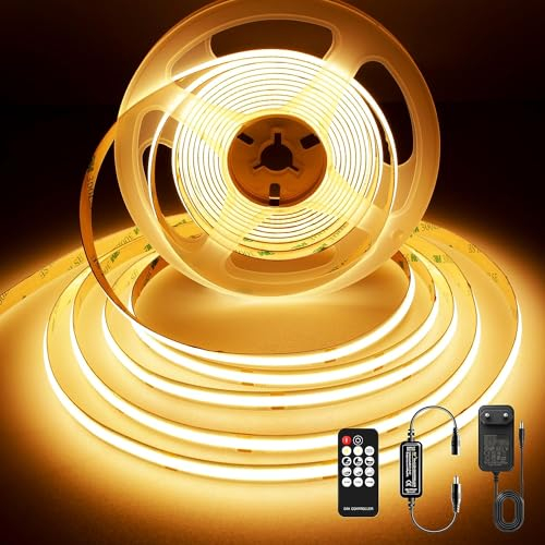 BERIXDEEP Ruban LED COB 3m, Bande Lumineuse LED Dimmable avec Telecommande et Alimentation, DC24V, CRI>92, Largeur 8mm, Ruban LED Blanc Chaud pour Décoration de Chambre, 2700K
