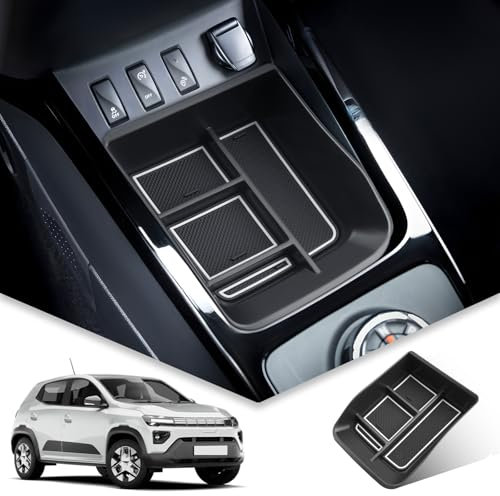 BIBIBO Mittelkonsole Aufbewahrungsbox für Dacia Spring Electric EV 2021-2024, Organizer mit Rutschfestermatte, Mittelarmlehne, Konsolenschalen Armlehnen, Auto Armlehnenablage Zubehör (Weiß)