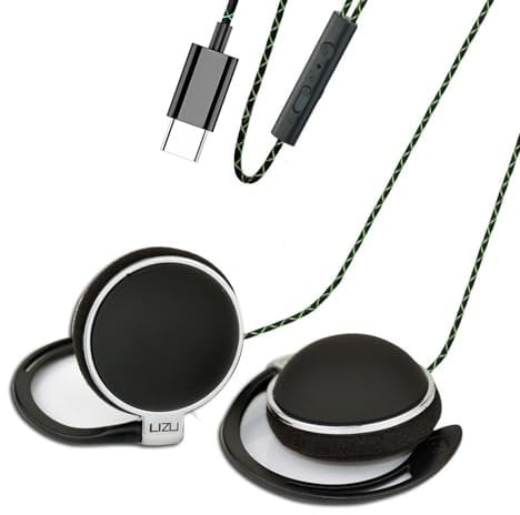 Clip on USB C earphones with microphone, wired earphones with controller function, C-type earphones with subwoofer stereo, compatible with iPad and Android smartphones, suitable for type c devices