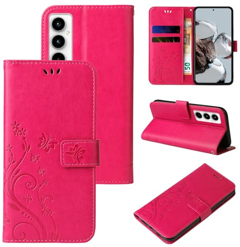 LBH Handy Hülle für Samsung Galaxy A35 5G Case Handytasche Schmetterling Blumen Flower Standfunktion Schutzhülle Magnet Rundum Schutz 360 Grad Flipcase Cover Pink