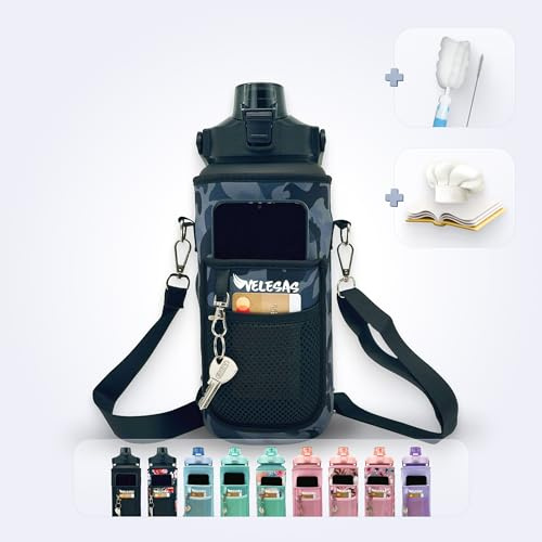 Velesas® 2l Wasserflasche mit motivierender Zeitmarkierung | Trinkflasche aus Tritan mit Strohhalm | Sportflasche für Schule, Job, Fitnessstudio (Schwarzmilitär mit Neoprenhülle, 2000ml)