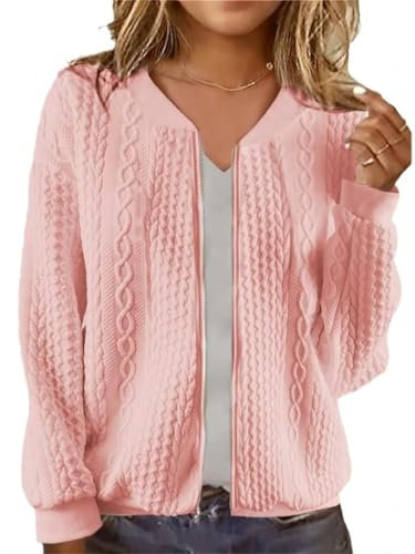Women's Zip Up Cardigan Sweater Cable Knit Hoodies Long Sleeve Jacket Outfits Casual Drawstring Coat, Pink, Small
