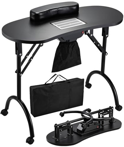 Escritorio portátil para uñas con colector de polvo de uñas, mesa de manicura plegable para tecnología de uñas, mesa profesional de arte de uñas con reposamanos de manicura,Noir Classique