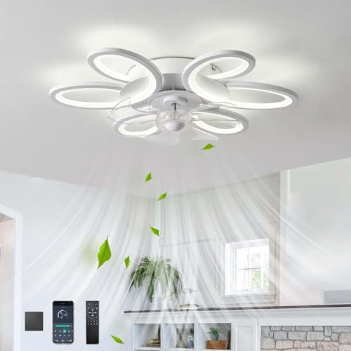 QINGYING Flor Ventilador De Techo Con Luz Y Mando A Distancia, Lampara Ventilador Silencioso Regulable LED, Ceiling Fan with Light 6 Velocidades DC Compatible con Alexa Para Dormitorio Salón, Blanco