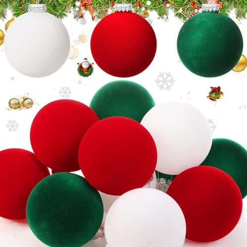 Liliful Weihnachtskugeln, groß, 10,2 cm, bruchsicher, extra groß, Kunststoffkugeln zum Aufhängen im Freien (Rot, Grün, Weiß, Samt)