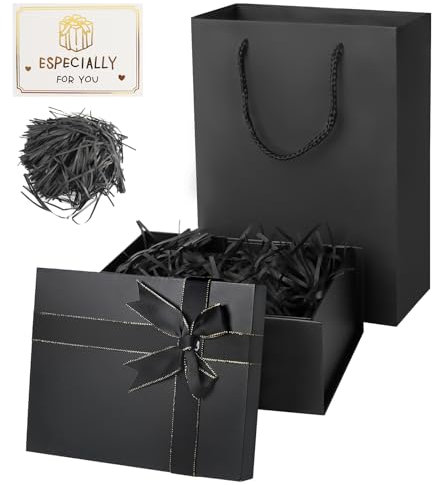 Gift Box, Luxury Gift Boxes for Presents Large, Gift Boxes with Lids Folding for Men Women, Present Box with Ribbon Bowknot Raffia Cards and Gift Bag, for Birthdays Anniversaries (Black)