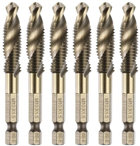 sourcing map 6pcs Combination Drill and Tap Bits Metric M10 x 1.5 Thread 1/4 Hex Shank Roasted Yellow Threading Screw Taps 6542 High Speed Steel Machine Drilling Tapping Tool Kit