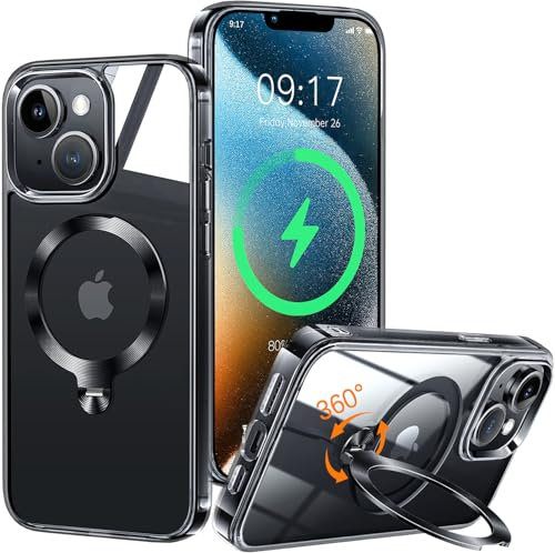 HaloArt 360° Drehbarer Ständer Magnetische Hülle für iPhone 15 [Stabilster Unsichtbarer CD-Ring Ständer für Mag-Safe] [ Nr.1 Magnetkraft & Militärschutz] Stoßfest Schutzhülle Dünn, Schwarz