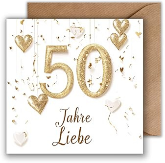 Goldene Hochzeit karte mit Umschlag - Geschenkkarte zum Jahrestag Gold Luftballons Konfetti Glitzer Herzen Glückwunschkarte zum Hochzeitstag Liebe 50 Jahre Ehe Ehepaar Jubiläum (125 x 125 mm)