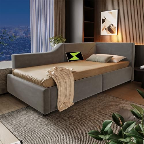 LuxeLiving Lit capitonné, 90 x 190 cm, cadre de lit avec espace de rangement hydraulique, lampe de lecture, fonction de charge, lit pour adolescent, enfant, lit simple avec sommier à lattes, gris