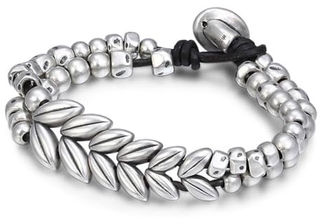 TYMONT 999 Full Silver Wheat Spike Flower Pattern Lederarmband, Männer Und Frauen Mode 3D Hard Silver Wheat Spike Armband,Silber,18cm