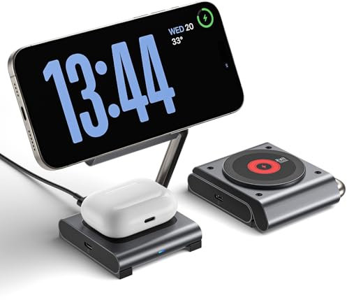 JSAUX Estación de Carga para iPhone 2 en 1 de 15 W, Carga rápida Compatible con Cargador mag-Safe, iPhone 16/16 Pro Max/15 Plus/14/13 Mini/AirPods 3 2 Pro, estación de Carga inductiva con Cable de