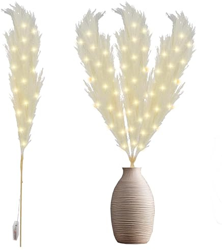 2Pcs - 100cm Prelit Cream Pampas Grass Stem, Warm White LEDs Battery-Operated Christmas Artificial Flowers for Boho Wedding Bedroom Living Room Decorations