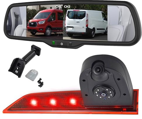 Third Roof Mount Dual Lens Brake Light Reversing Camera for Ford Transit Custom Van (2012-2015) Rear View Camera with 6.86 Screen 2 Split Mirror Monitor Kit (Black Monitor lamp Kit)