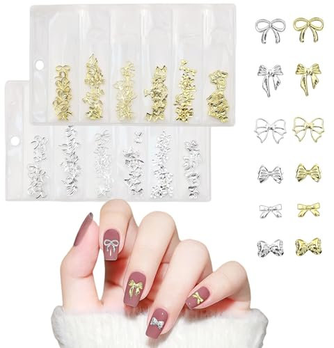 Gold Silver Bow Nail Charms, 120 Pcs Mixed Nail Art Bows Nail Studs Punk Metal Rivet Stickers Nail Jewels 3D Nail Art Decorations Accessories for Women Girls Nail Design DIY Crafts (Gold+Silver A)