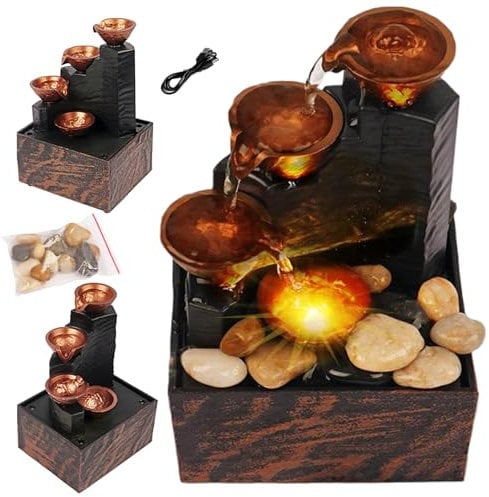 Tabletop Fountain with Lights 6.7x4.4x3.6'' Tabletop Water Fountain with Pebbles USB or Battery Powered Mini Water Fountain with Water Sound for Table Office Home Bedroom