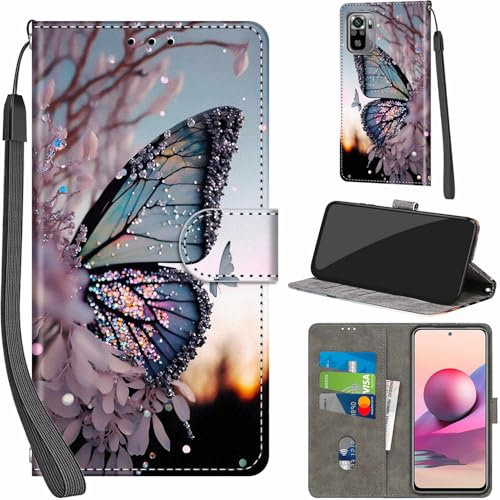 Handyhülle für Xiaomi Redmi Note 10 Klapphülle Leder Wallet Schmetterling | 3 Kartenfächer & 1 Geldfach, Magnetverschluss, Ständerfunktion, robuste premium PU leder klapphülle für Redmi Note 10 4G