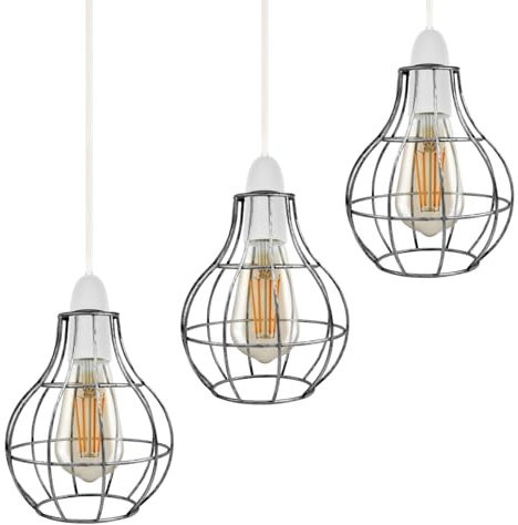 DC VOLTAGE Metal Wire Cage Ceiling Light Shade Easy Fit Lamp Shade, Ceiling Hanging Indoor Pendant Light Lampshade for Living Room, Bedroom, Restaurants (Brushed Silver 3 Pack)