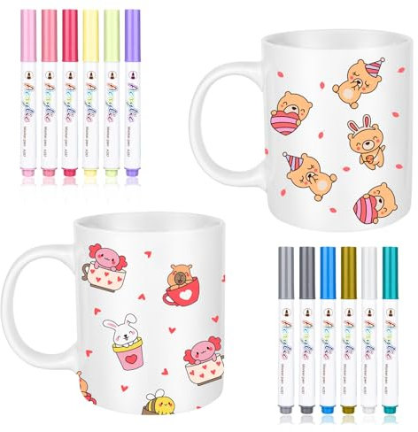 Lot de 2 tasses à peindre avec 12 couleurs de crayons en porcelaine imperméables, tasses en céramique blanches à peindre, pour couple, partenaires, anniversaire, bricolage