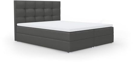 FurniDe24 Boxspringbett mit Taschenfederkernmatratze H3, Doppelbett mit gestepptem Kopfteil und 2 Bettkästen, Topper-Matratze 3cm, verstärkter Rahmen, dunkelgrau Plüsch, 160x200cm - Piko