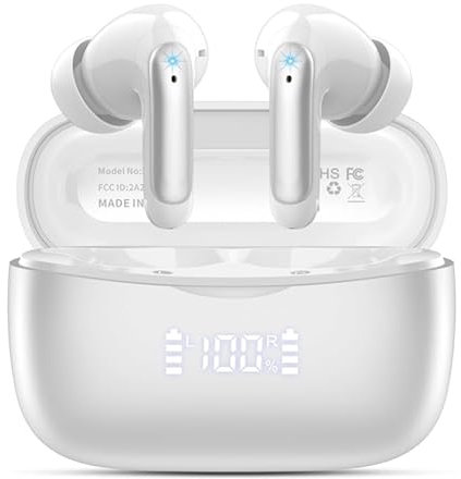 WeurGhy Bluetooth Kopfhörer, Kopfhörer Kabellos Bluetooth 5.3 in Ear Kopfhörer mit 4 ENC Noise Cancelling Mic, 56H HiFi Stereo Tiefbass Spielzeit, IP7 Wasserdicht Ohrhörer LED Anzeige,2025,Silberweiß