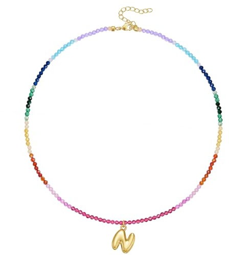 KissYan Beaded Initial Necklace for Women, 14K Gold Plated Bubble Bead Letter Pendant Rainbow Choker Colorful Summer Beach Jewelry