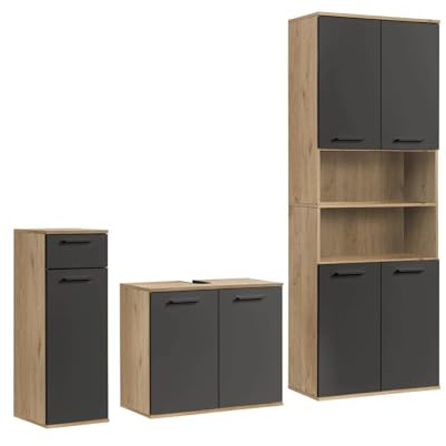 mokebo Badmöbel Set 'Der Steuermann' (3-teilig) Made in Germany, Badezimmer Set aus Holz in Sonoma Eiche Schwarz, Komplettset mit Unterschrank, Beistellschrank & Hochschrank, Badezimmerschränke