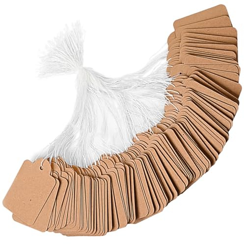 YAWYO Lot de 200 Étiquettes Cadeaux avec Ficelle, Petites Étiquettes en Papier Kraft Marron Inscriptibles, Étiquettes de Prix pour Vêtements, Bijoux et Cadeaux de Noël, 3,5 * 2,2 cm