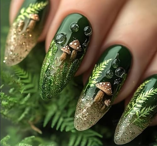 Curvlife Press On Nails Stick On Nails Short Fake Nails (Green Forest)
