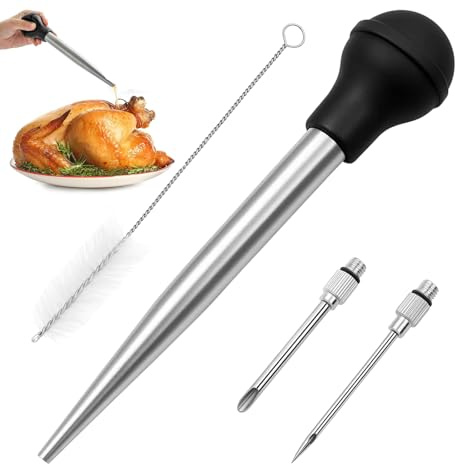 Turkey Baster Set of 4,Stainless Steel Turkey Baster Silicone Bulb Including 2 Marinade Needles and Brush for Easy Clean Up,Oiling and Marinating Turkey, for Cooking BBQ Christmas Thanksgiving, Black