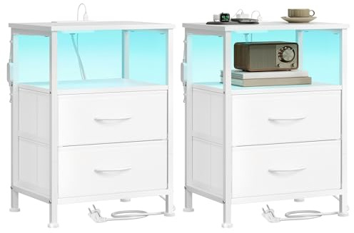SONGMICS Nachttisch 2er Set, mit Steckdose, LED-Beleuchtung, 2 Schubladen | Nachtkommode, Beistelltisch, 39,6 x 30 x 60,4 cm, für Schlafzimmer, Wolkenweiß, BELLAH Kollektion LGS202W102