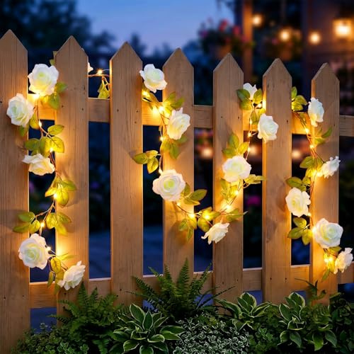 Fohil Lichterkette Blumen Innen, 2.2M 40 LED Künstliche Blume Lichterkette, Rose Blumengirlande Lichter Batteriebetrieben, Weiß Rose Blume Künstliche Efeu für Hochzeit Garten Balkon Zimmer Dekoration
