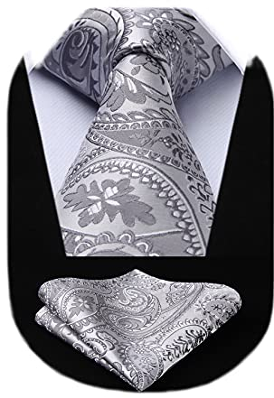 HISDERN Herren Krawatte Einstecktuch Set Extralange Paisley Krawatten und Taschentuch Elegante Hochzeit Seidenkrawatte Silber für Männer