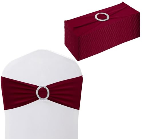 WedDecor Plain Spandex Chair Bands with Slider Buckle, Burgundy, 10pcs