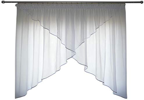 FKL DESIGN Home Deco Bellissima tenda per finestra già pronta in voile, tenda a punto smock, finestra obliqua bianca 150-180 cm AG38 (rifinitura bianca)