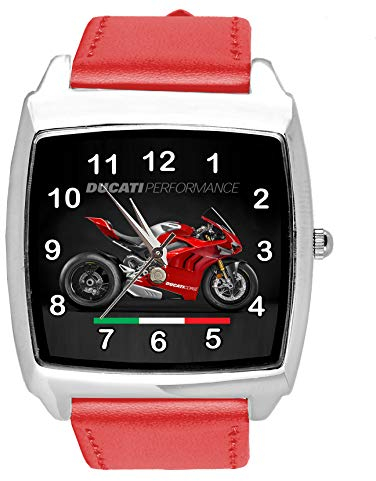 Quadratische Leder-Armbanduhr für Motorrad-Fans, Rot
