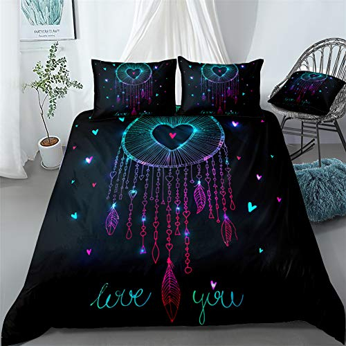 Chanyuan Traumfänger Bettbezug Liebe Muster 220x240 cm, 3 Teilig Schwarz Bettwäsche Set Mädchenbettwäsche Kinderbettwäsche Weich Mikrofaser Exotisch Stil Federn mit Kissenbezug 80x80 cm