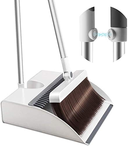 JDTEU Ensemble pelle et balayette - Doux, long manche - Aimants et dents en tôle - Pelle à fermeture automatique et tête de balai réglable à 360° - Pour la cuisine, le bureau - Angle mince