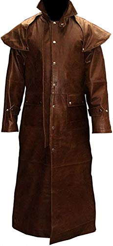 HiFacon Mens Real Brown Leather Long Coat Duster Riding Hunting Steampunk Trench Matrix Coats
