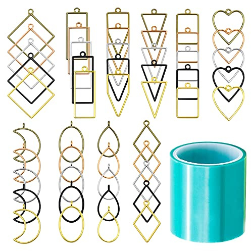 MAOYPANAMERA 51 Pcs Open Bezel Frame Pendants Charm Geometric Hollow Trays, Open Back Pendants Molds, Assorted Shape Alloy Blanks Mold with 1 Roll of Seamless Tape for Resin Casting, DIY Crafts Making