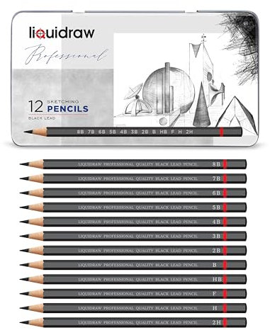 Liquidraw Graphite Drawing Pencils - 12 Set | Professional Quality Graded Artists Pencils | 4 Hard Grades & 8 Soft Grades | Beautiful Storage Tin | Ideal for Art & Sketching | Fits Standard Sharpeners
