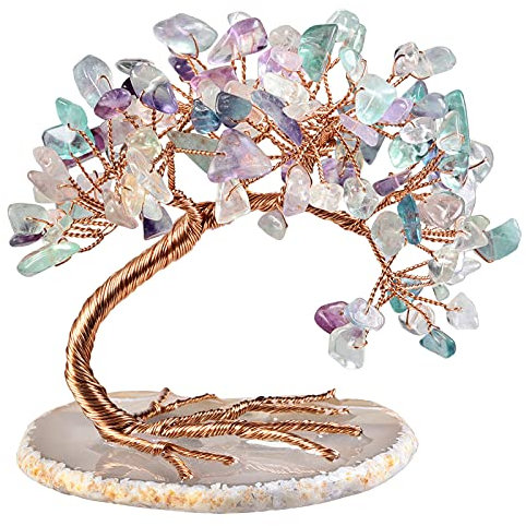 Nupuyai Fluorite Tree with Agate Slice Base, Money Tree Figurines Fengshui Ornament for Home Office Wedding Decoration
