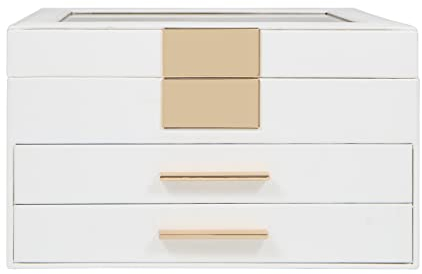 Caja Joyero con Tapa Transparente, Caja para Joyas de 3 Niveles,Joyeros Mujer Organizador, 2 Cajones, Estuche para Relojes, Cajas Organizadoras,regalos día de la madre,(Blanco)