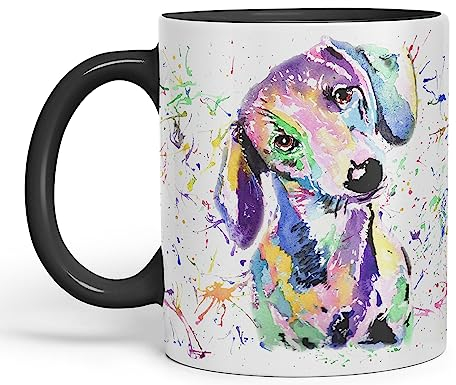 Vixar Dachshund Dog Sausage Wiener Badger Pet Watercolour Rainbow Art Coloured Mug Cup Gift Birthday Work Office Christmas Tea Coffee (Black)