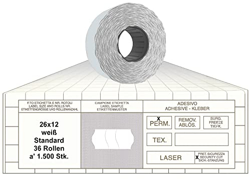 Preisauszeichner Etiketten 26x12 mit Sicherheitsstanzung weiß 36 Rollen permanent Preisetiketten für Smart Printex Tovel Contact Meto Blitz