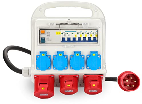 Jopassy FI-Schutzschalter 2 x CEE 400V/16A+4 x 230V Schuko IP44 5 polig Stromverteiler Baustromverteiler Wandverteiler Verteiler Mit Leitung Sicherheitsklappdeckeln Für Baustelle