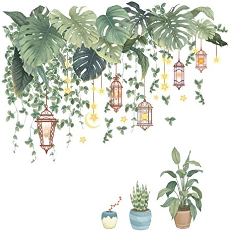 Green Pot Plants Leaves Wall Decals Self Adhesive Potted Plant Wall Stickers Leaf Wallpaper Hanging Plant Mural for DIY Living Room Kid Room 2pcs