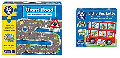 Orchard Toys Giant Road Interchangeable Floor Puzzle & Little Bus Lotto Mini Game, Small and Compact, Travel Game, Fun Memory Game For Ages 3-6, Educational Game Toy