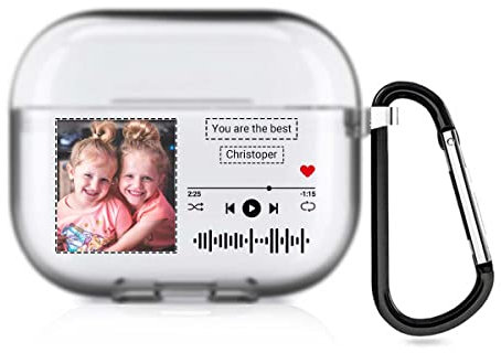 Funda personalizada para AirPods para Apple AirPods de 3ª generación 2021, funda protectora de estilo musical con tu texto y foto, funda de regalo personalizada con llavero (semi-transparente)