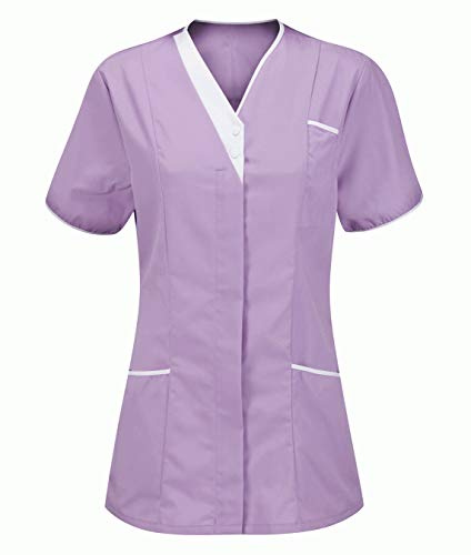 click2style V Neck Nursing Tunic Top Carers Uniform Hairdresser SPA Nail Salon Therapist (as8, Numeric, Numeric_18, Regular, Regular, Lilac/White)